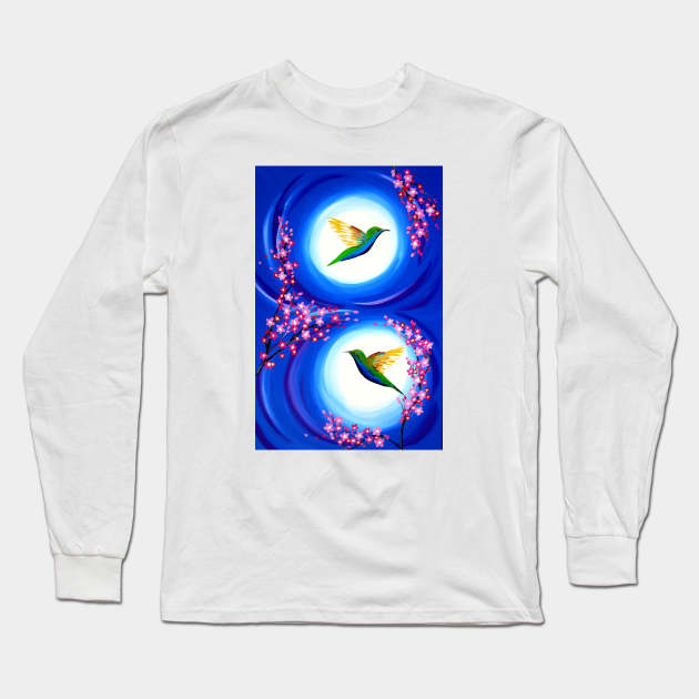 Hummingbirds and Cherry Blossoms Long Sleeve T-Shirt by SheerJoy